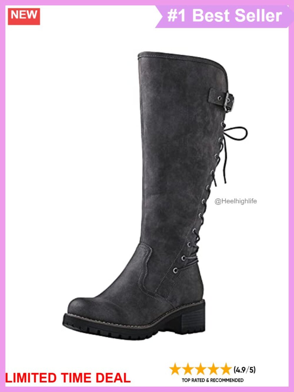 Faux Leather Knee High Boots Low Block Heel Lace Up Back